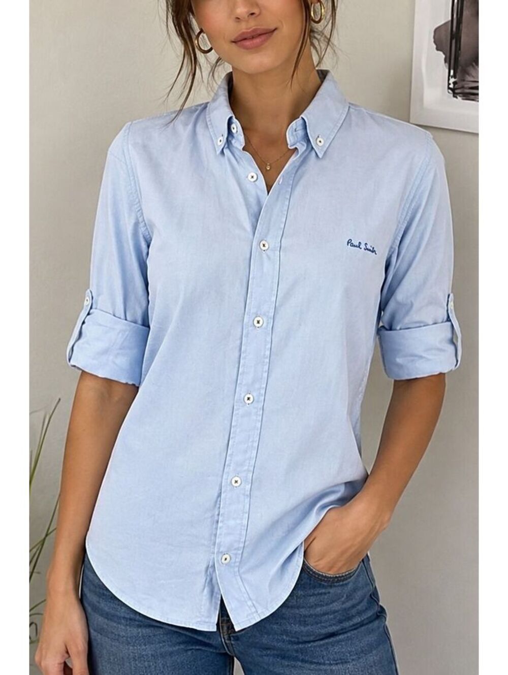 Paul Smith London Womens Light Blue Button Down Shirt Embroidered Logo Roll Tab